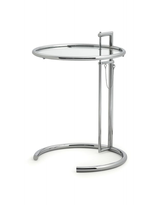 ClassiCon E1027 Beistelltisch mit Glasplatte und verchromtem Stahlrohr-Gestell, höhenverstellbarer Designklassiker.